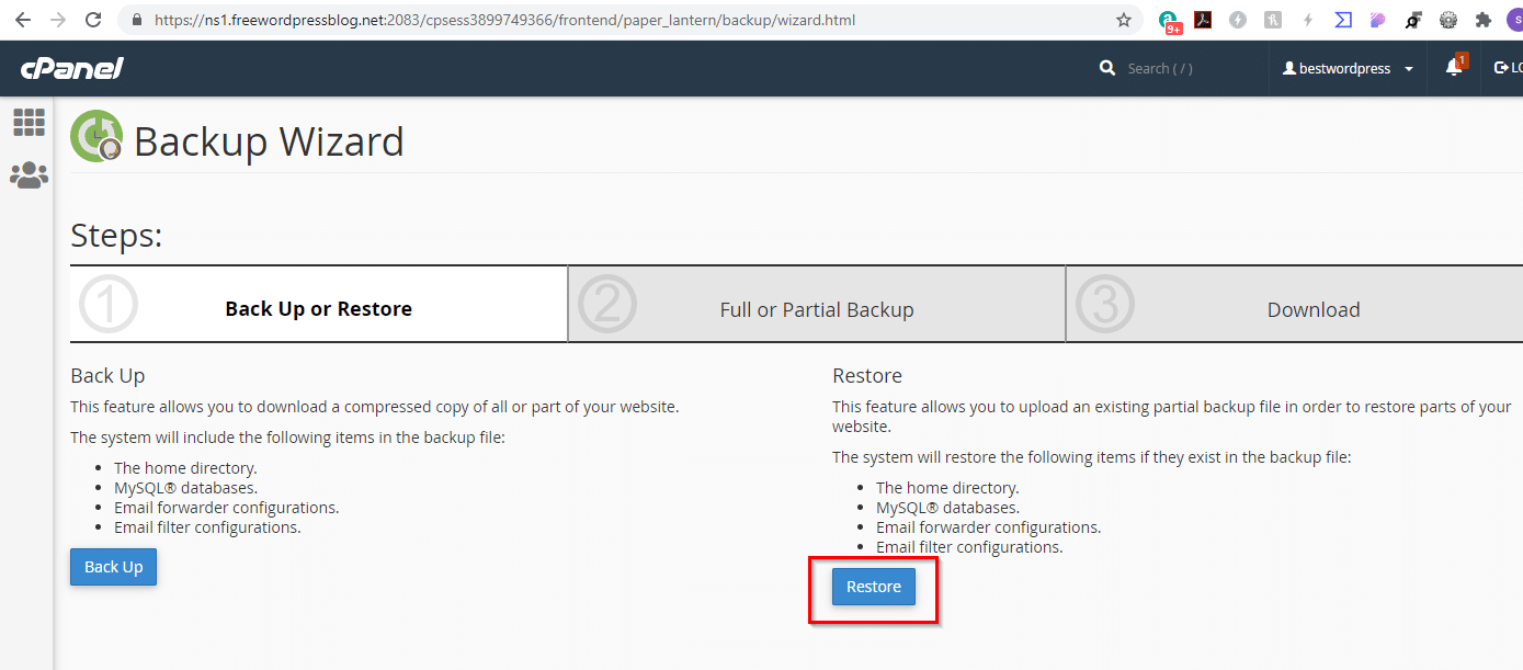 cPanel Restore Button Selected