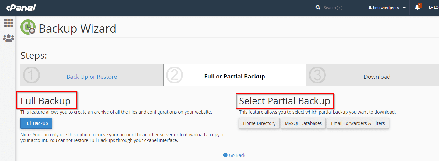 cPanel Click Full Backup Button or Select Partial Backup