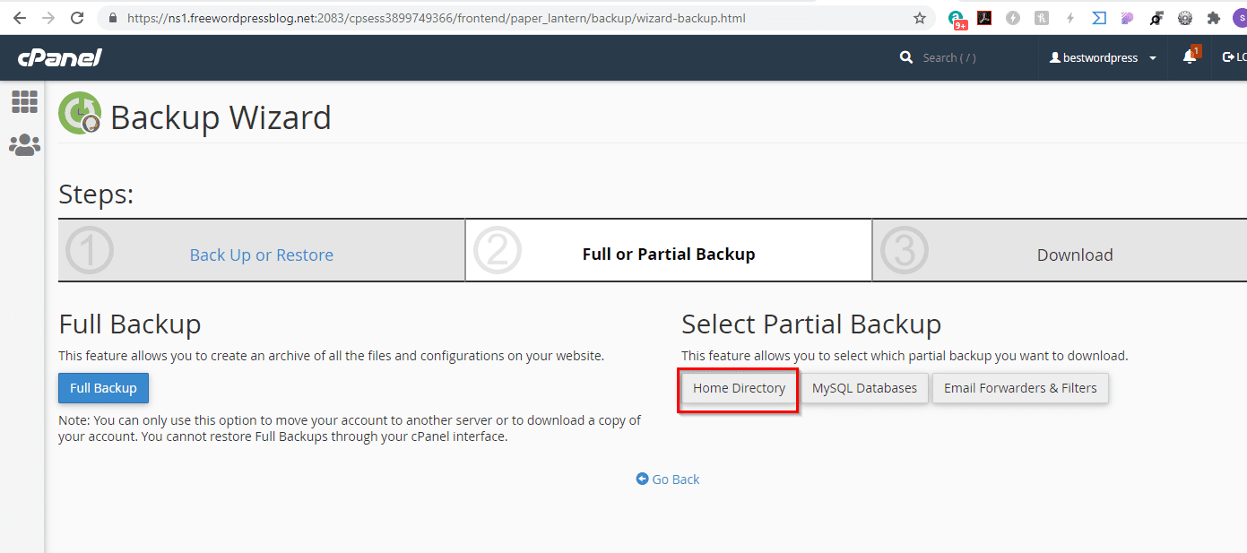 cPanel Partial Backup Selected