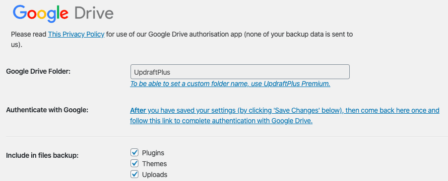 UpdraftPlus Storage Option Google Drive
