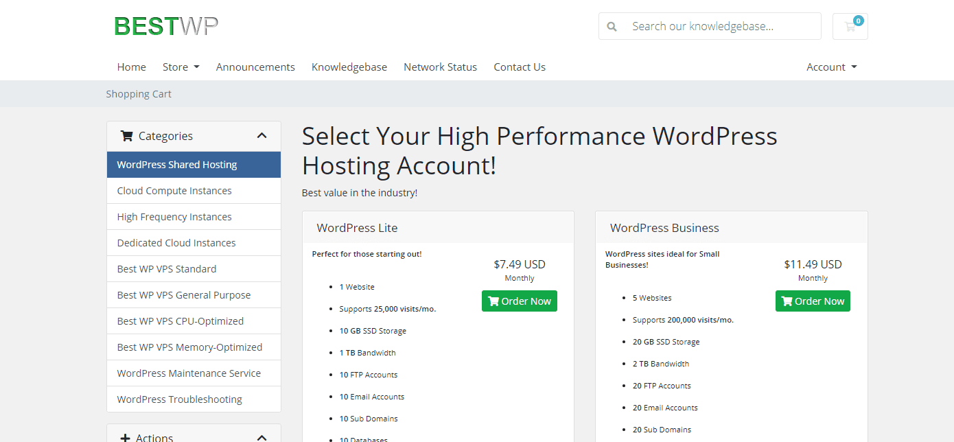 BestWP Store Shared Hosting Page