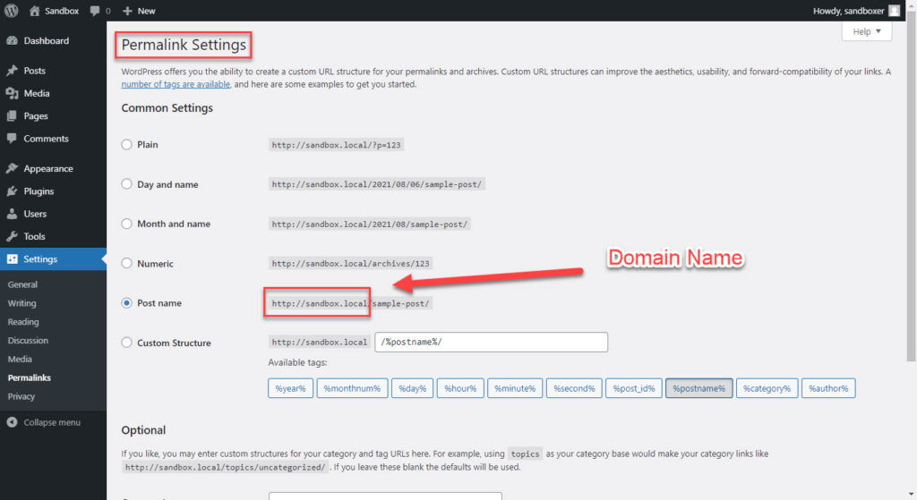 WordPress Permalinks Domain Name Highlighted