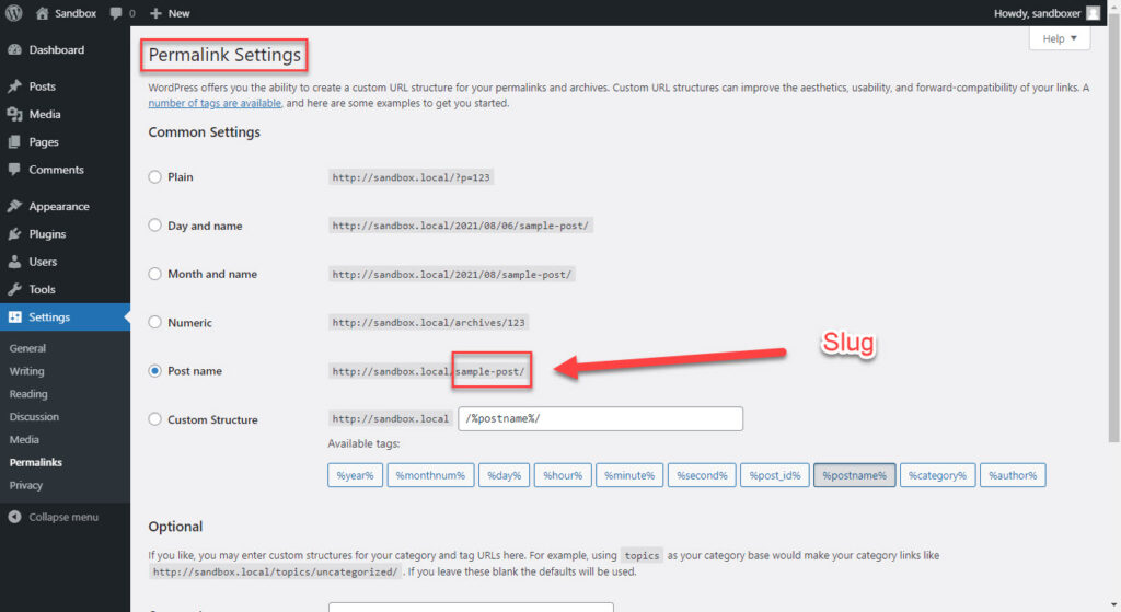 WordPress Permalinks Slug Highlighted